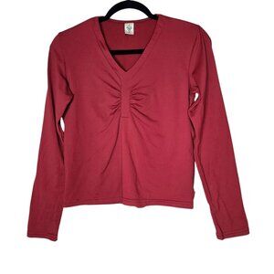 Prana Vintage Y2k Size Medium Burgundy Long Sleeve Cropped Fitted Top Ruched